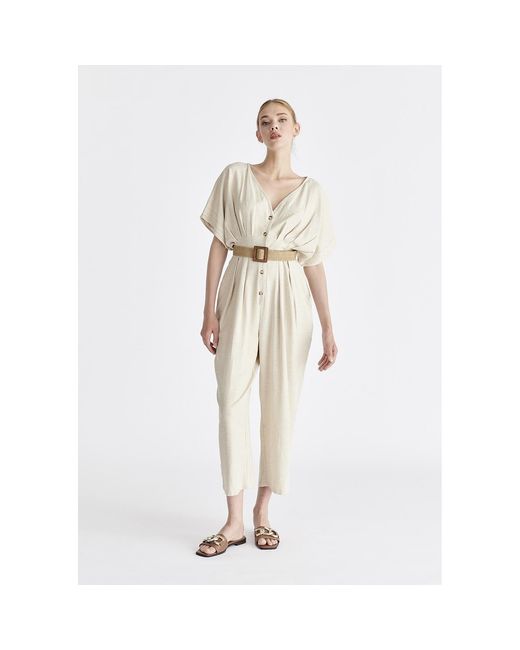 Paisie Natural Neutrals Linen Blend Button Jumpsuit