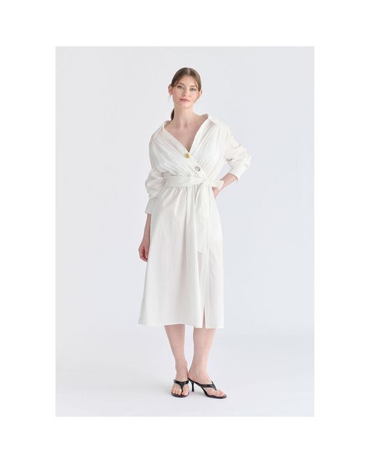 Paisie White Wrap Midi Shirt Dress With Metallic Button Details