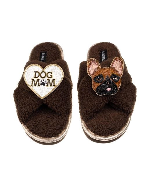 Laines London Brown Neutrals Laines Neutral Boucle Slippers With Cookie The Frenchie & Dog Mum Mom