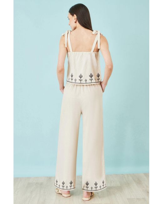 Yumi' Natural Neutrals Ivory Linen Mix Embroirdered Trousers