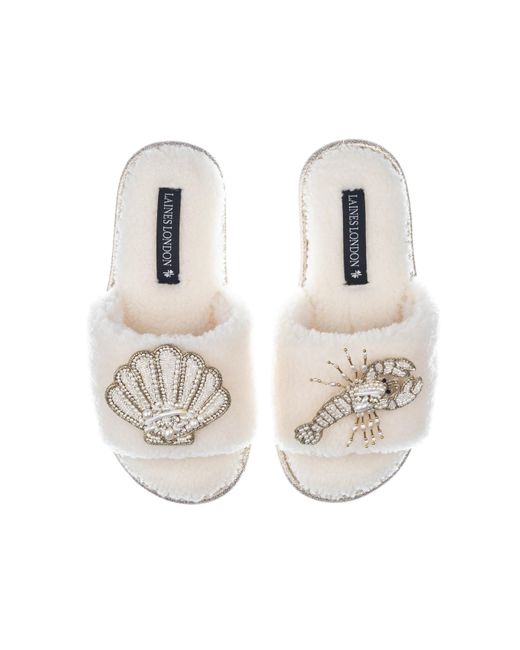 Laines London White Teddy Toweling Slipper Sliders With Beaded Shell & Lobster Brooches