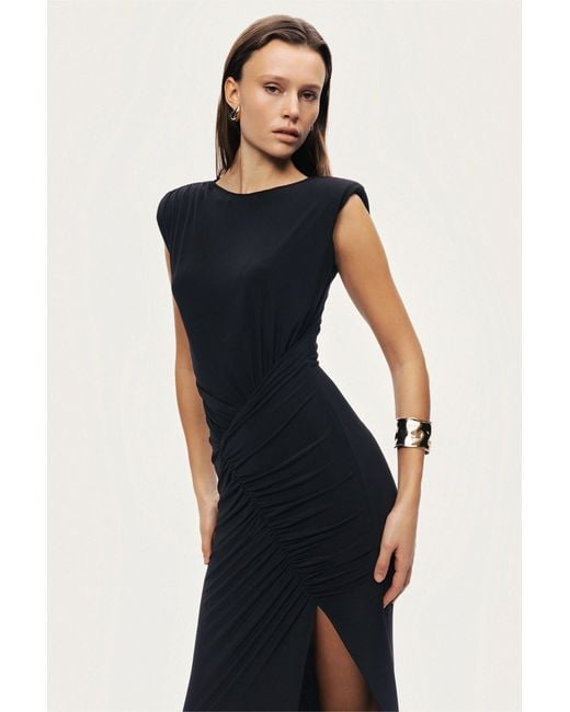 Nocturne Black Ruched Side-Slit Maxi Dress