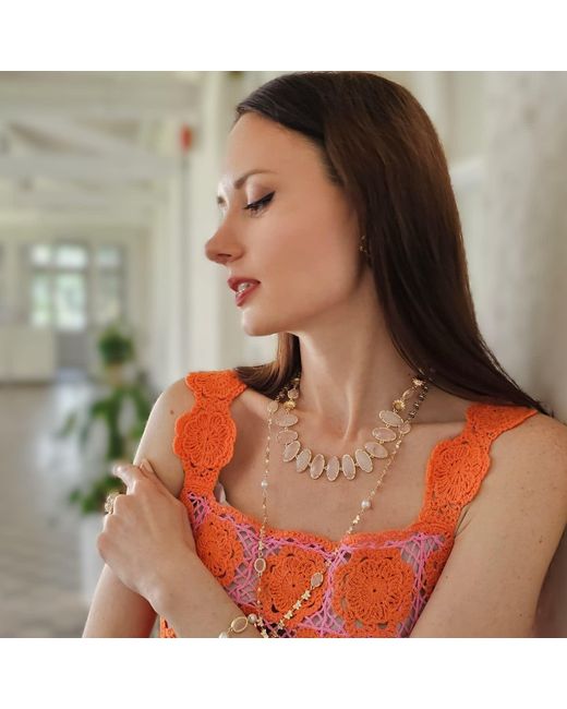 Farra Natural Rose Quartz With Flower Chain Statement Necklace