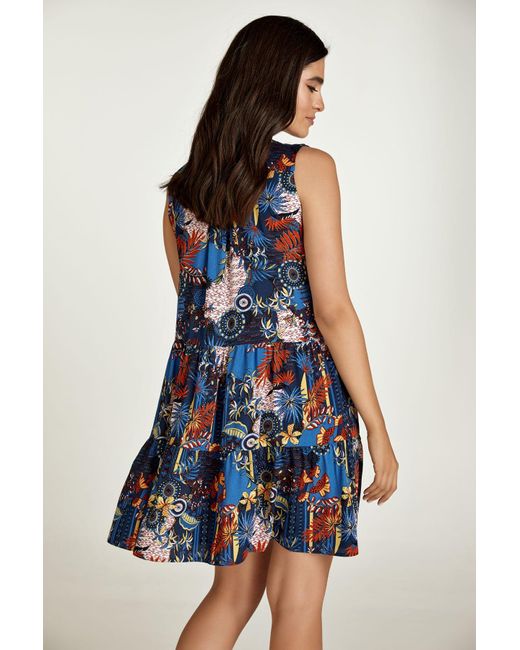 Conquista Blue Sleeveless Flora Print A Line Dress