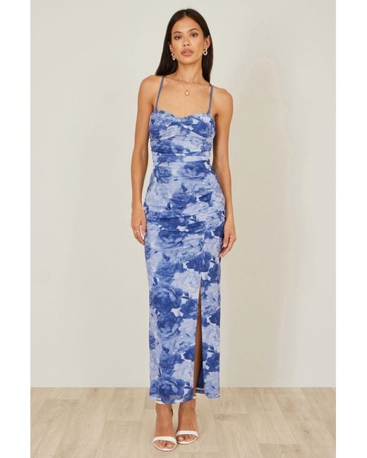 Yumi' Blue Mesh Ruched Midi Dress With Split