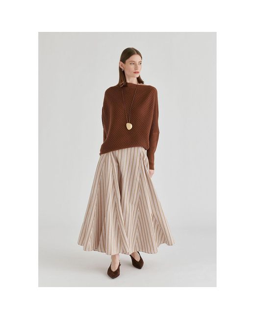 Paisie Natural Neutrals Striped Flared Maxi Skirt With Godet Paneling