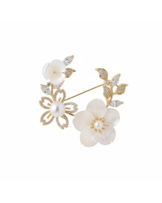 Angel Barocco Metallic Vintage Floral Mother-Of-Pearl Brooch