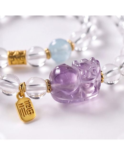 Ormiro Pink Pixiu Clear Quartz, Amethyst & Aquamarine Wrap Bracelet
