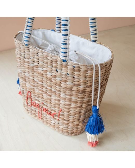 LIKHÂ Blue Neutrals Handwoven Seagrass Bonjour Tote Bag With Tassels