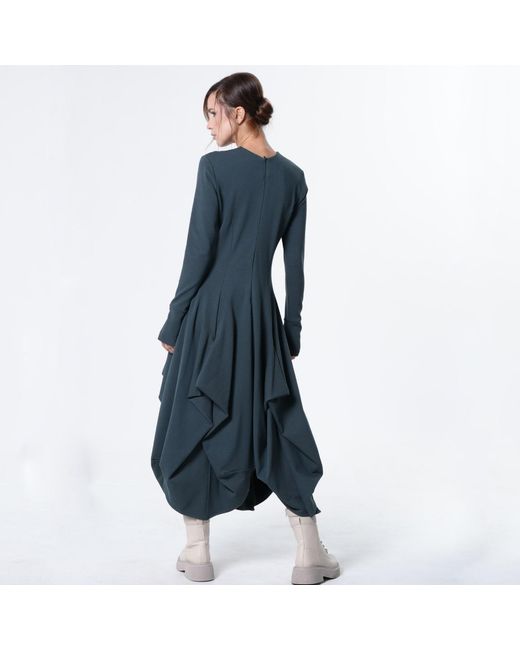 Metamorph Blue Maxi Draped Dress With Thumbhole Sleeves