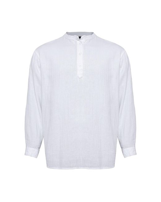 Monique Store Linen Mandarin Neck Half Button Long Sleeve Shirt White for men
