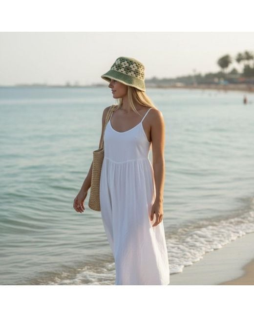 Springmoonatelier Green Neutrals Handmade Sage And Cream Crochet Bucket Hat – Lightweight Summer Style