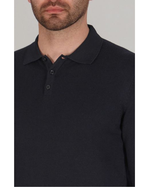 Paul James Knitwear Blue Lightweight Cotton Hall Long Sleeve Knitted Polo Shirt for men