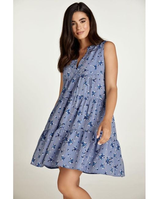 Conquista Blue Sleeveless Floral A Line Dress