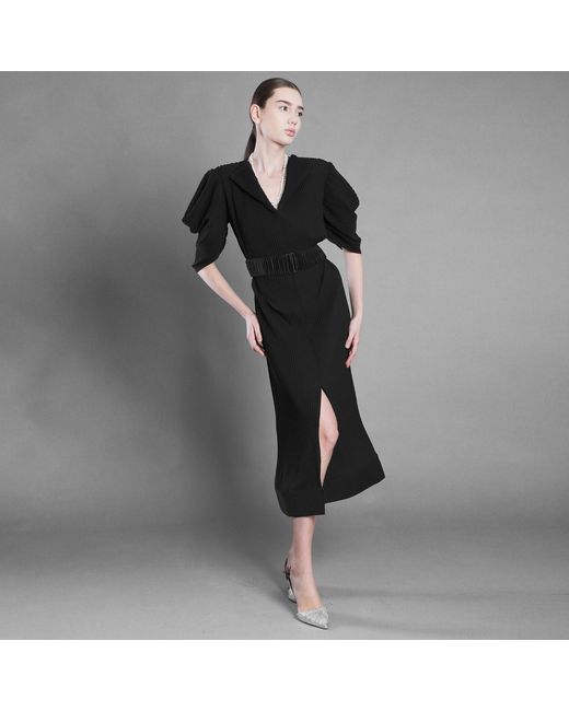 Silvia Serban Black V Neckline Pleated Crepe Dress