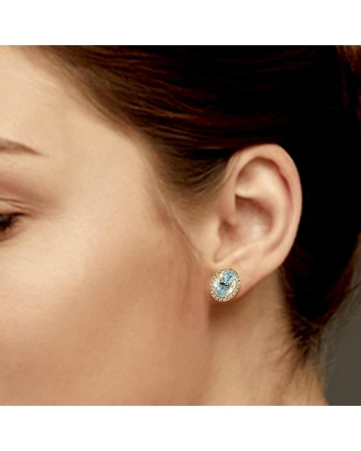 Artisan Metallic Blue Topaz Solid Yellow Gold Natural Diamond Stud Earrings Handmade Jewelry