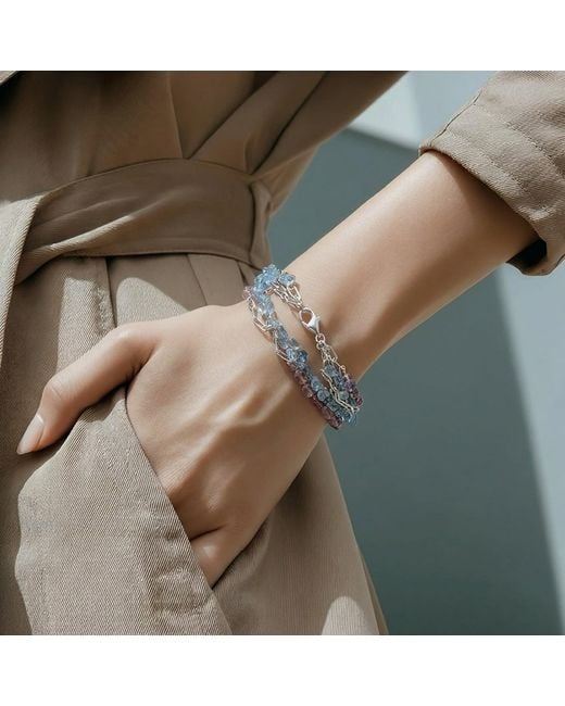 Lori Kaplan Design Blue Four Strand Aquamarine, Malaya Garnet And Sterling Bracelet