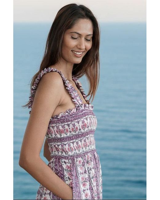 La Mandarine Purple Summer Maxi Dress With Pockets. Block Print Cotton Summer Midi Nap Dress Lila