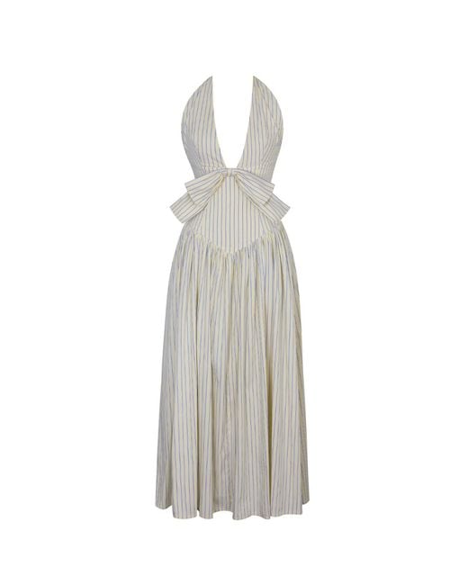 Miss Circle New York Gray Talise Lemon Cotton Poplin Stripe Plunging Halter Maxi Dress