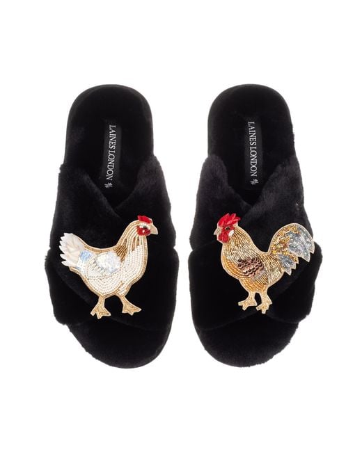 Laines London Black Classic Laines Slippers With Chicken & Rooster Brooches