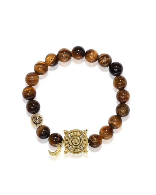 Aurozia Metallic Three Charms Solar Meridian Plated Sundial And The Sun Crystal Tiger's Eye Beaded Bracelet