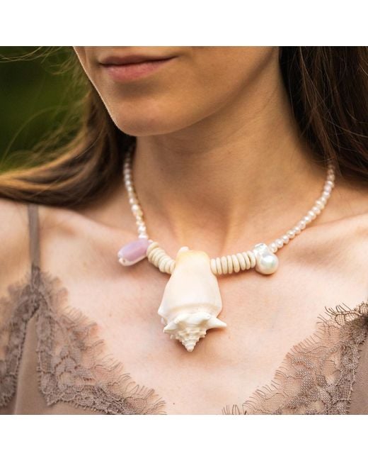 Oana Savu Pink Beach Summer Holiday Necklace Sea Shells Pendant Pearls