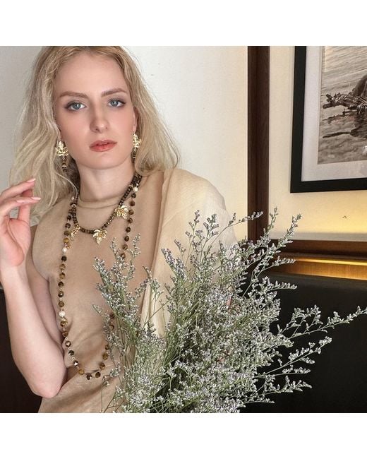 Farra Metallic Tiger Eye With Freshwater Pearls Long Station Necklace