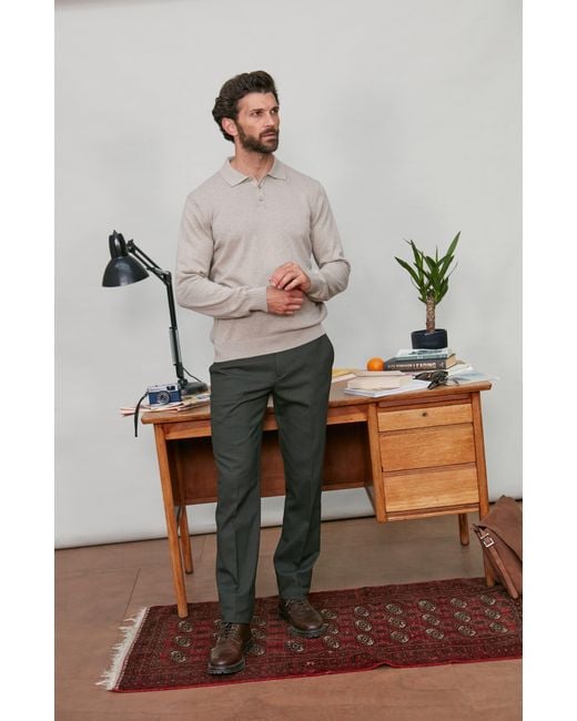 Paul James Knitwear Gray Neutrals Lightweight Cotton Hall Long Sleeve Knitted Polo Shirt for men