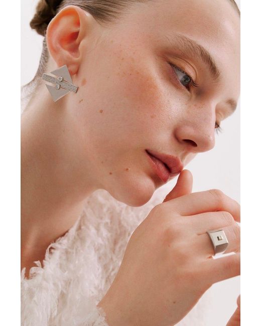 Dime Tribe Metallic Geometric Detail, Diamond-Set Earrings