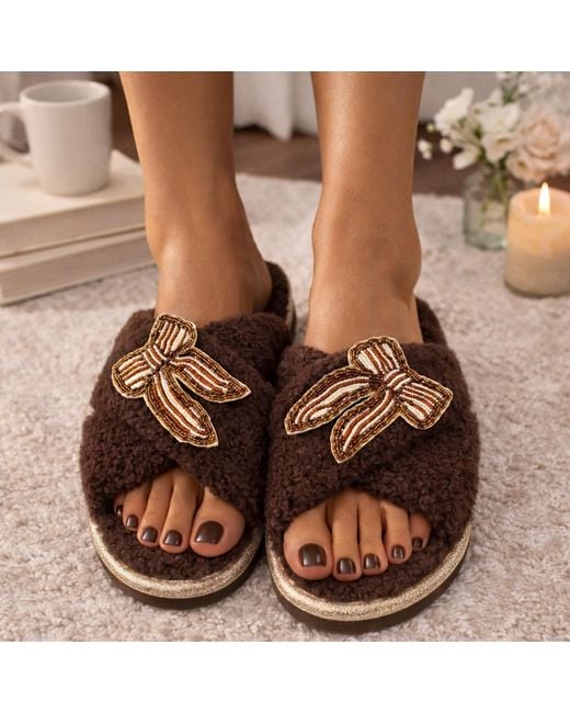 Laines London Brown Neutrals Neutral Boucle Slippers With & Pearl Beaded Stripe Bow Brooches