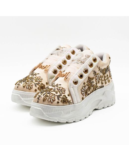 Rettrose Natural Neutrals Diana Luxury Buttermilk Satin Handmade Embellished Trainer