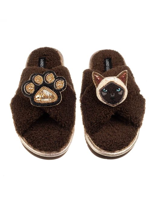 Laines London Brown Neutrals Boucle Slippers With Paw & Siamese Cat Brooches