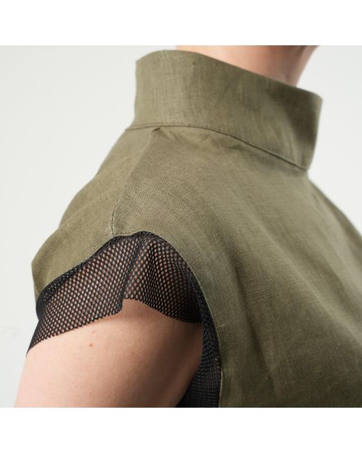 Metamorph Green Turtleneck Linen Top