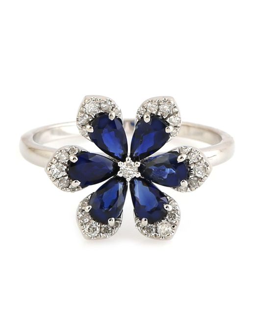 Artisan Pear Blue Sapphire Gemstone & White Diamond In 18k White Gold Daisy Flower Exclusive Ring