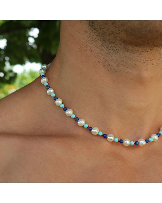 Mineralgems•Studio Blue Pearl Necklace With And Lapis Lazuli Beads for men