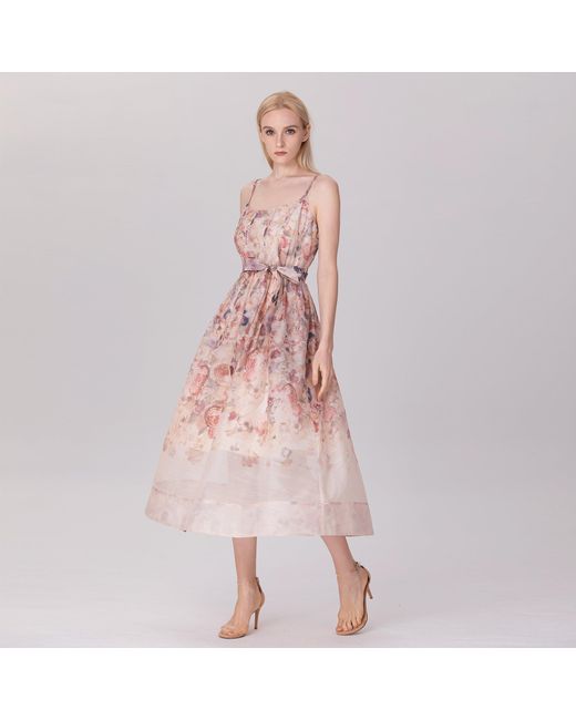 Smart and Joy Pink Neutrals Flower Print Organza Strappy Dress
