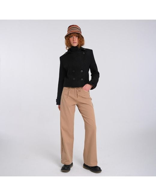 Lalipop Design Natural Neutrals Wide-Leg Tan Cotton Pants With Leopard Piped Trim