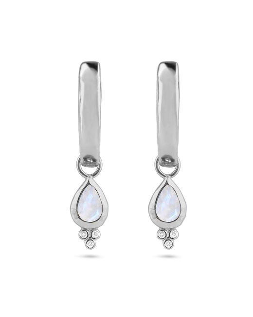 Zohreh V. Jewellery Metallic Moonstone & White Sapphire Tear Drop Hoop Earrings Sterling