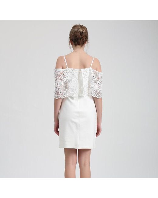 Smart and Joy White Bardot Lace Trim Off-Shoulder Mini Dress
