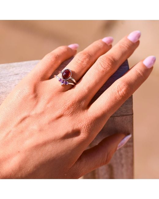 Zohreh Red Rhodolite Garnet, Moonstone & Sapphire Ring Sterling