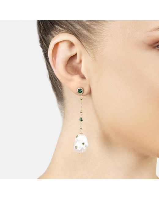 Latelita London White Polka Dot Baroque Pearl Chain Drop Earrings Emerald