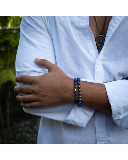 Ebru Jewelry Blue Deep Wisdom Lapis & Evil Eye Beaded Bracelet Set for men