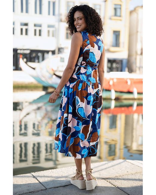 Yumi' Blue Cotton Floral Abstract Dropped Waist Midi Dress