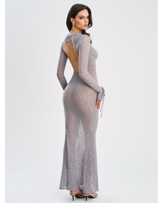 Miss Circle New York Gray Waylynn Animal Print Burnout Velvet Detail Mesh Backless Maxi Dress