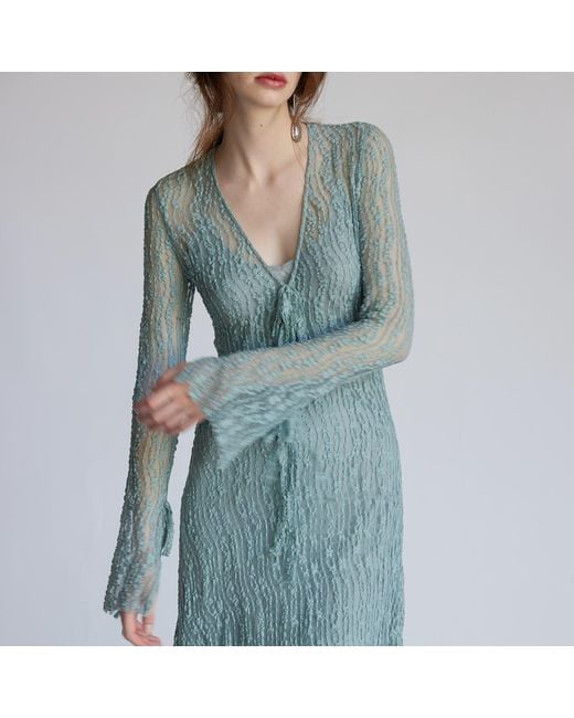 Belsize25 Blue Trumpet Dress Flared Sleeve Sheer Lace Knit Dress