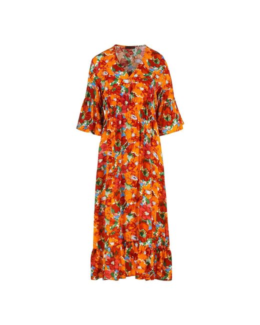 Conquista Orange Floral Ruffle Detail Midi Dress