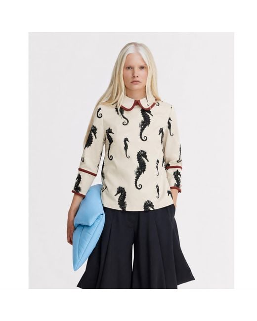 Julia Allert Natural Neutrals Ivory Seahorse Print Blouse With Cuffs – Capsule Edition