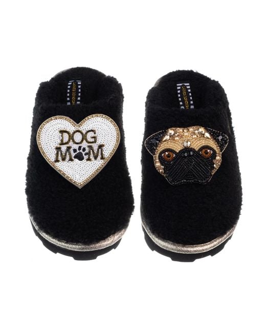 Laines London Black Teddy Closed Toe Slippers With Franki The Fawn Pug & Dog Mum Mom Brooches