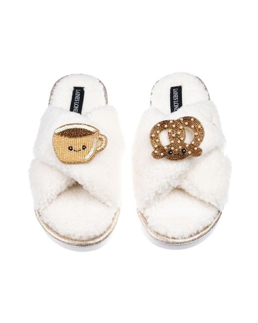 Laines London Metallic Neutrals Laines Boucle Slippers With Laines Lovables Hot Chocolate & Pretzel Brooches