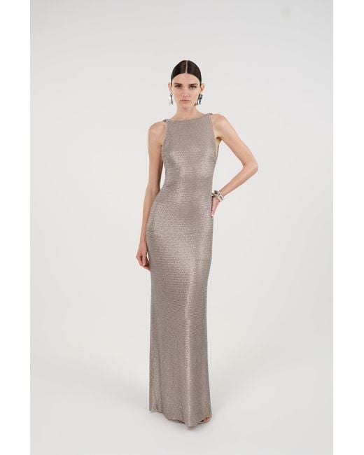 Nocturne Brown Neutrals Sequin Open Back Maxi Dress